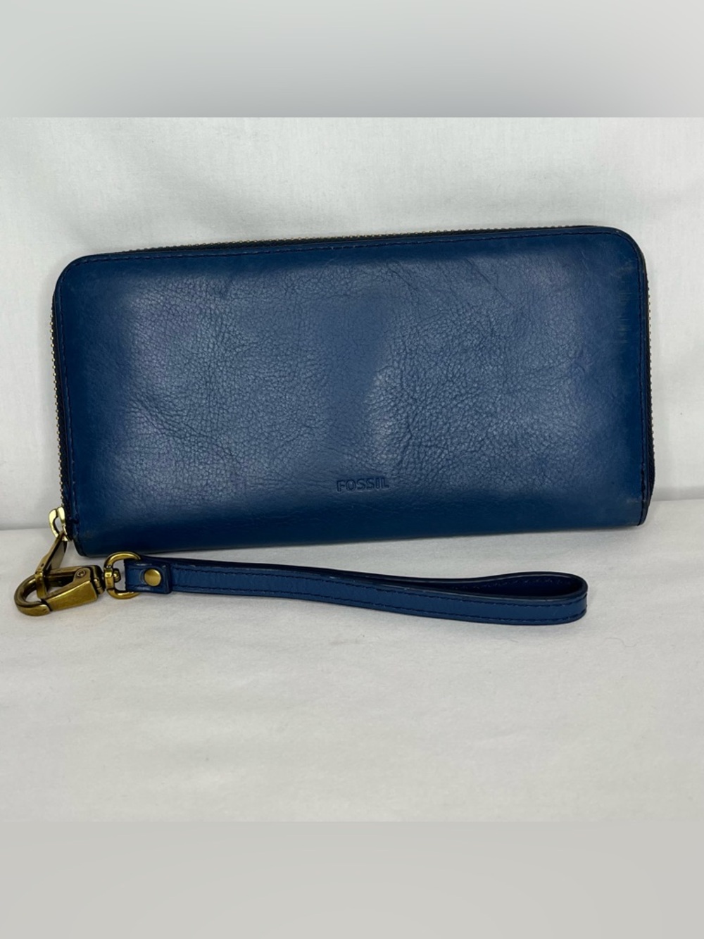 Fossil RFID Zip Large Wristlet Leather Clutch Organizer Wallet Blue